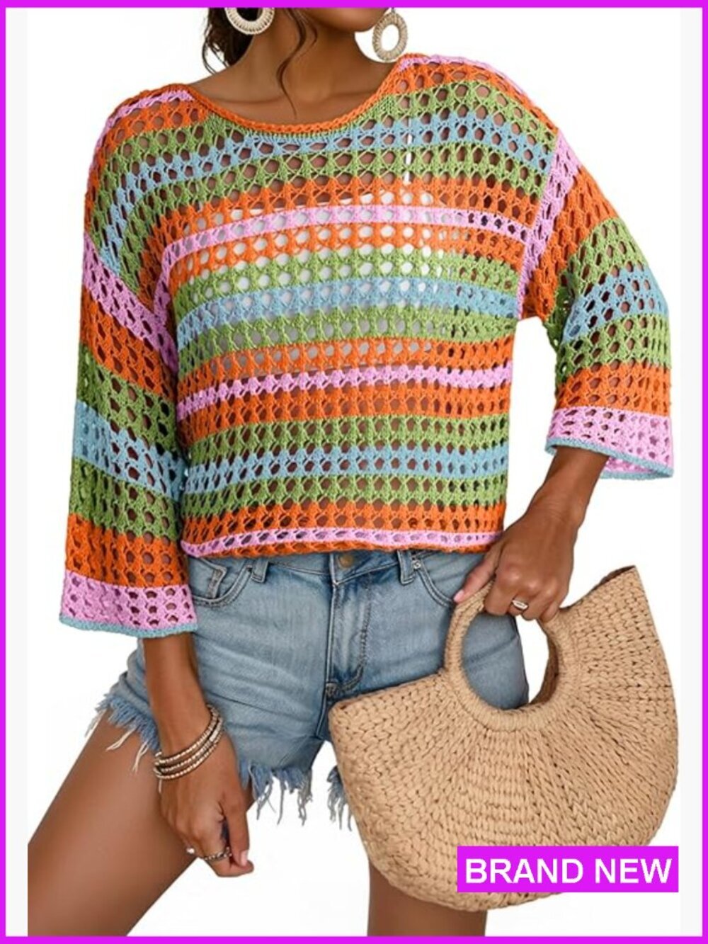 Crochet Pullover Sweater 3/4 Sleeve Color Block Striped Hollow Out Knit Beach